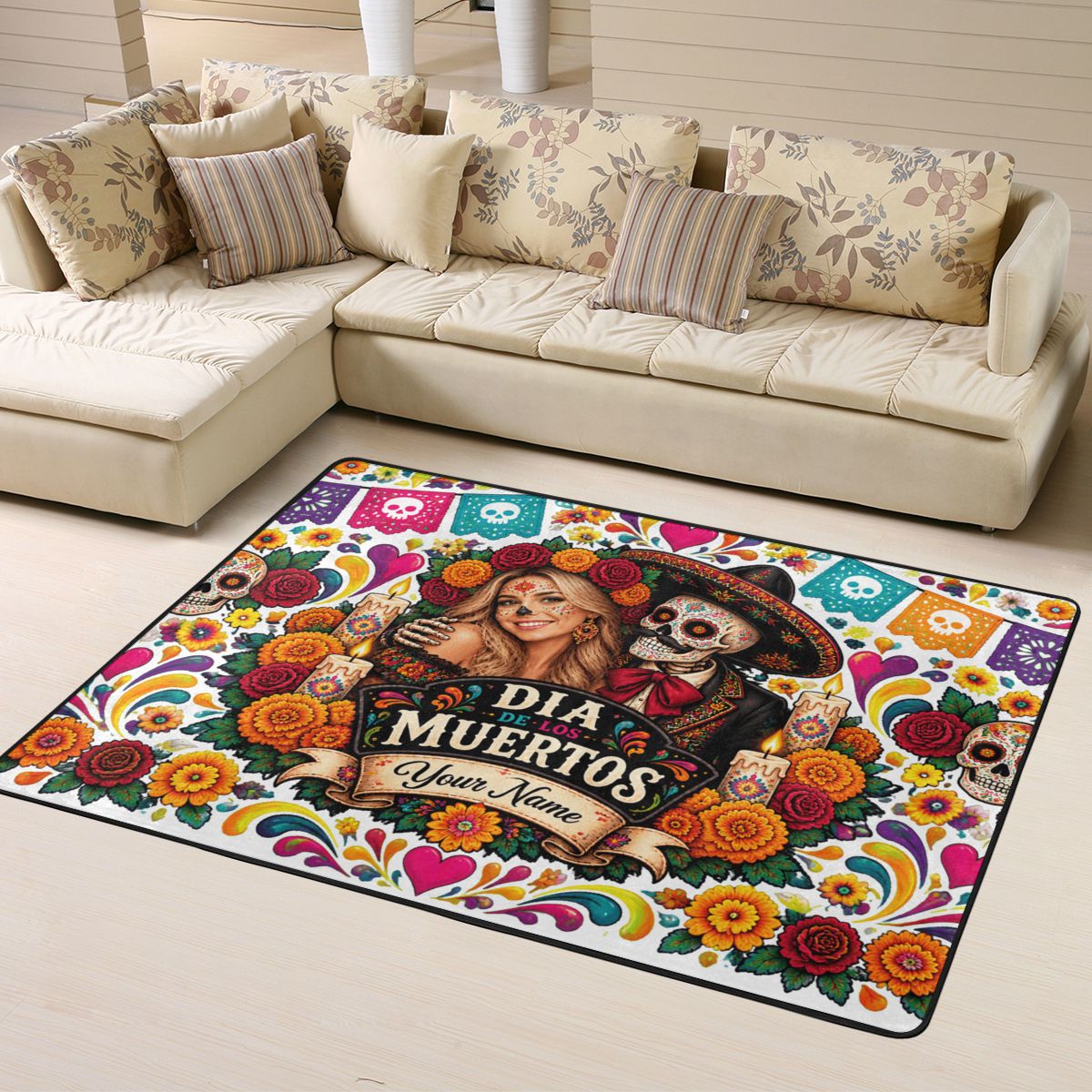 Brillo de cempasúchil del Día de Muertos Alfombra de sala 63×48 pulgadas