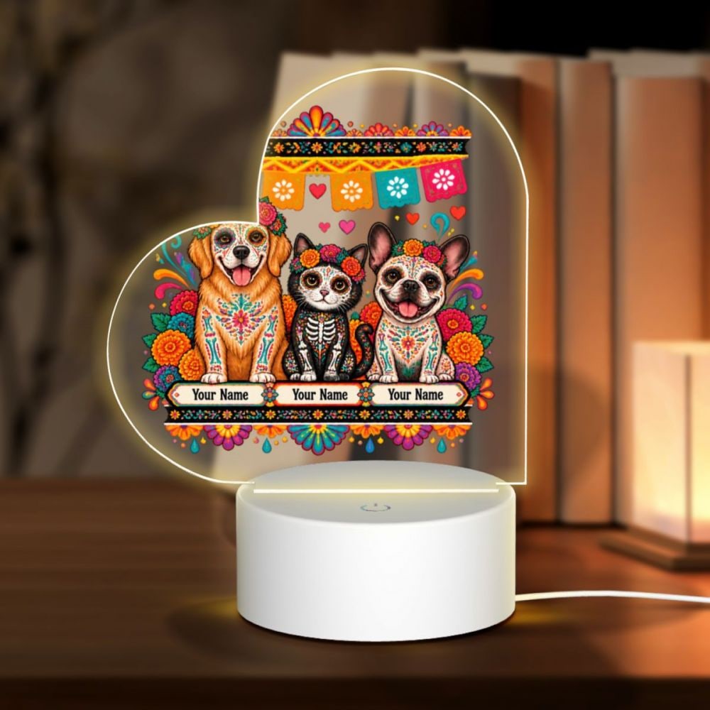 Day of the Dead Pets Heart Acrylic Night Light