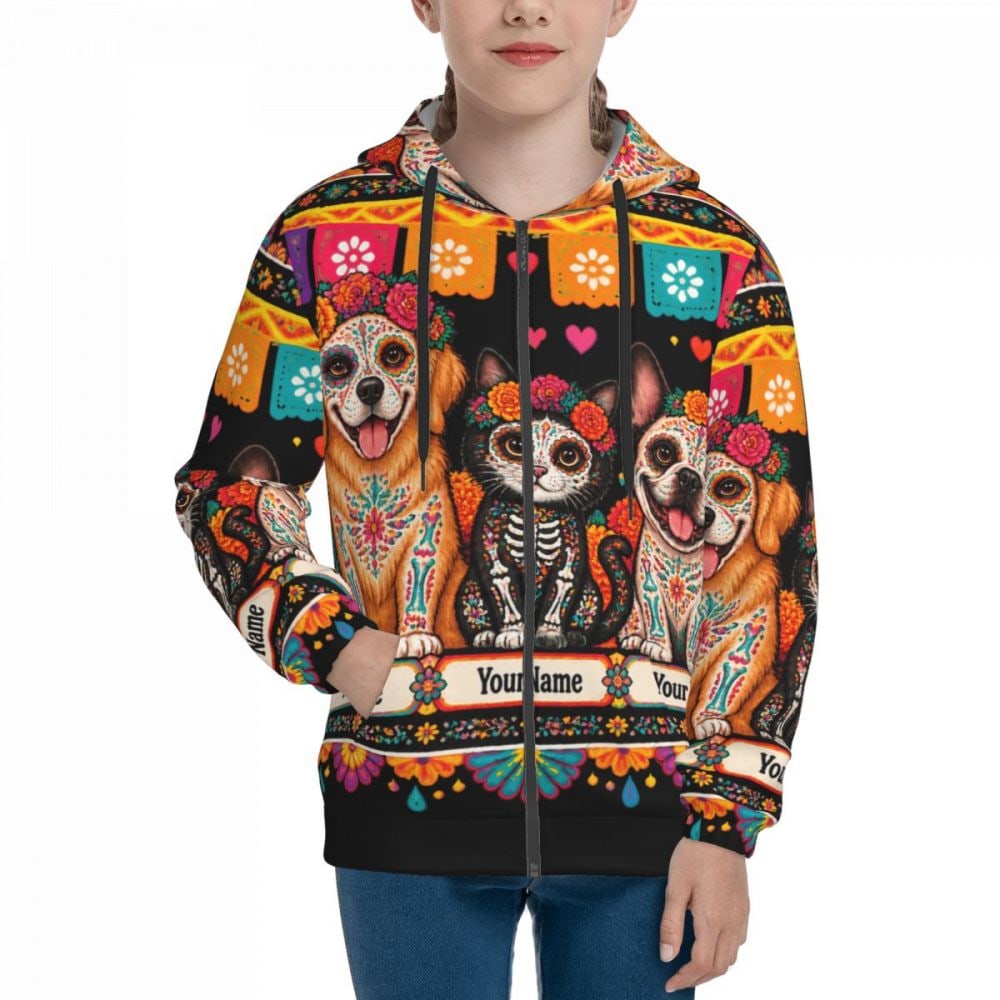 Day of the Dead Pets Kids Zip Hoodie