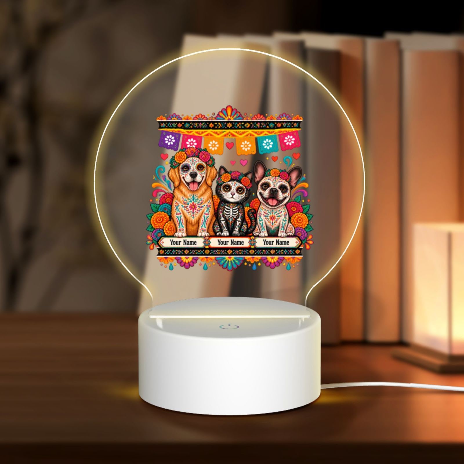 Haustiere zum Tag der Toten Round Acrylic Night Light