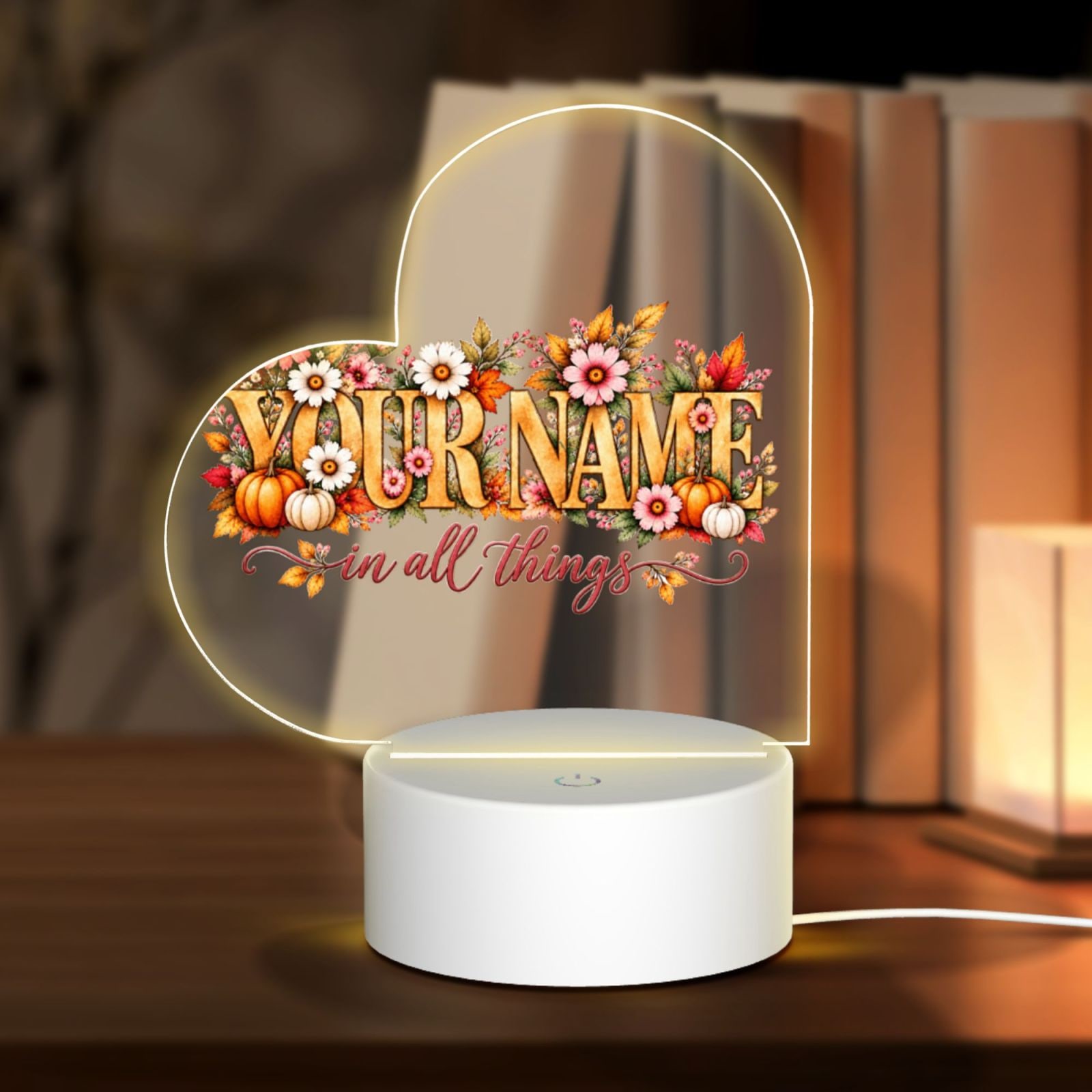 Retrato floral de Acción de Gracias Heart Acrylic Night Light
