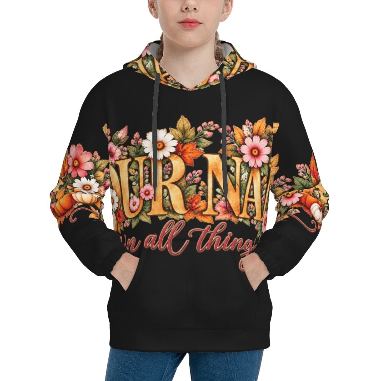 Retrato floral de Acción de Gracias Sudadera con capucha tipo pullover para adolescentes