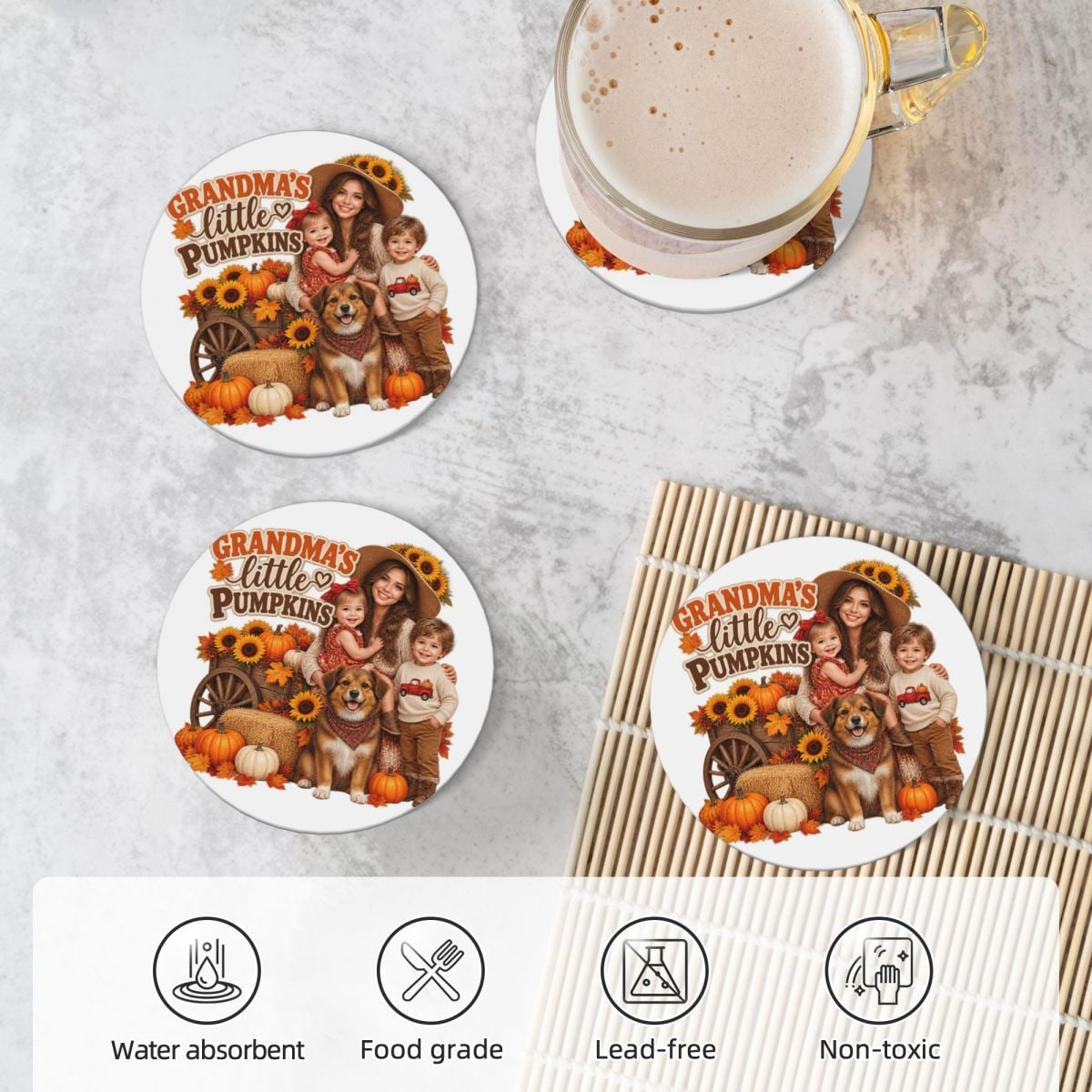 Thanksgiving Family Portrait Ceramic Coaster Set of 4