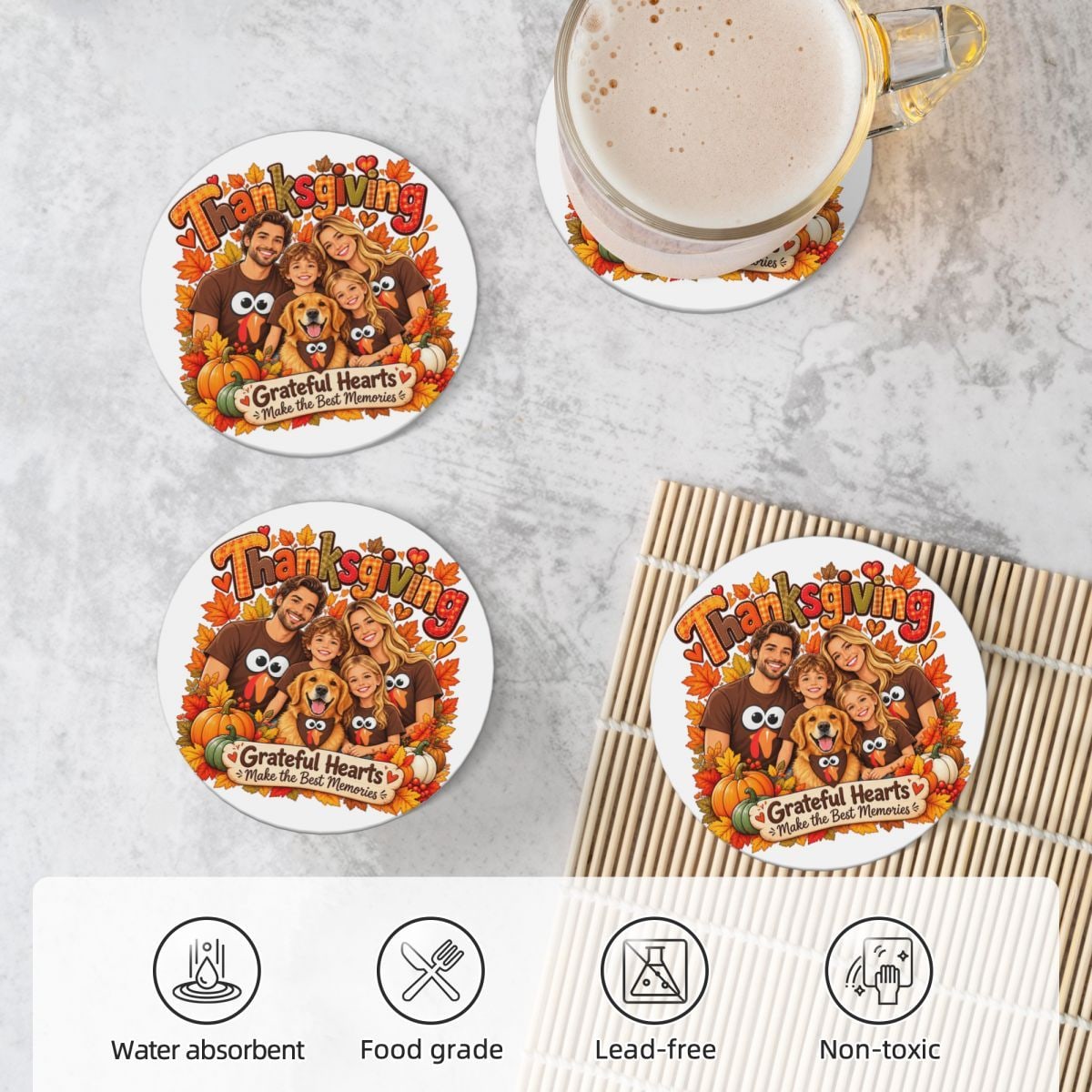 Thanksgiving Family Joy Ceramic Coaster Set of 4