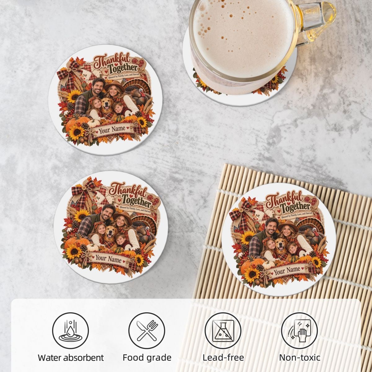 Thanksgiving Family Portrait 14 Ceramic Coaster Set of 4