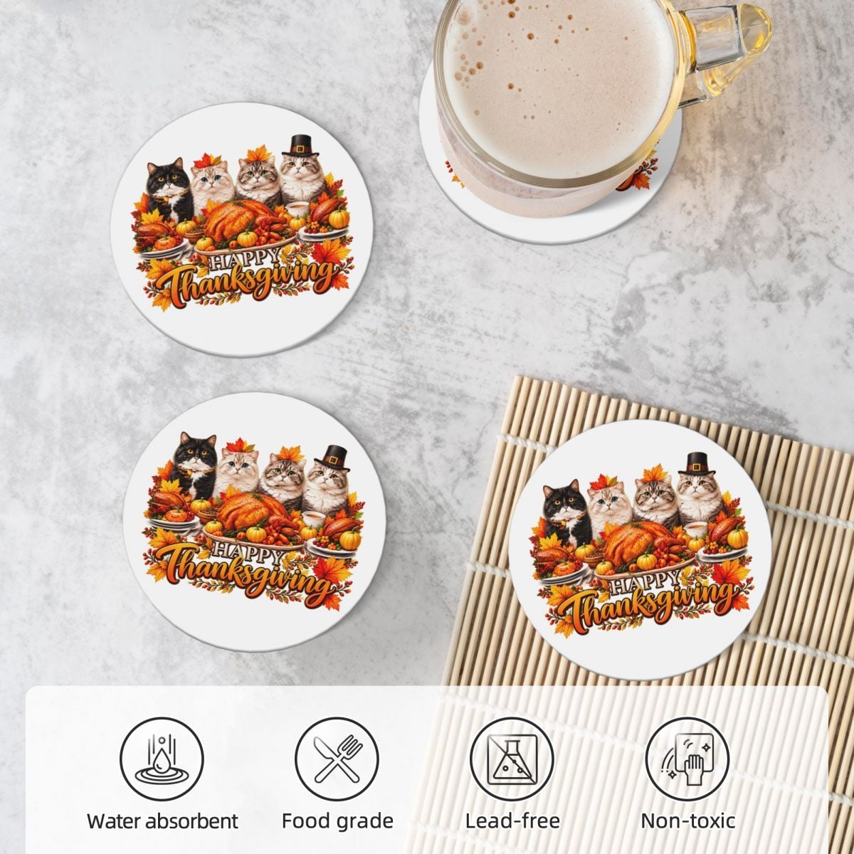 Thanksgiving Feline Feast Ceramic Coaster Set of 4