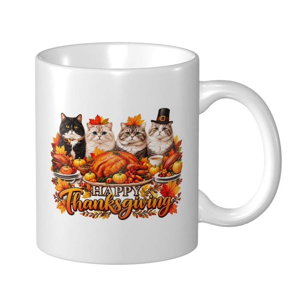 Thanksgiving Feline Feast White Glossy Mug 11oz