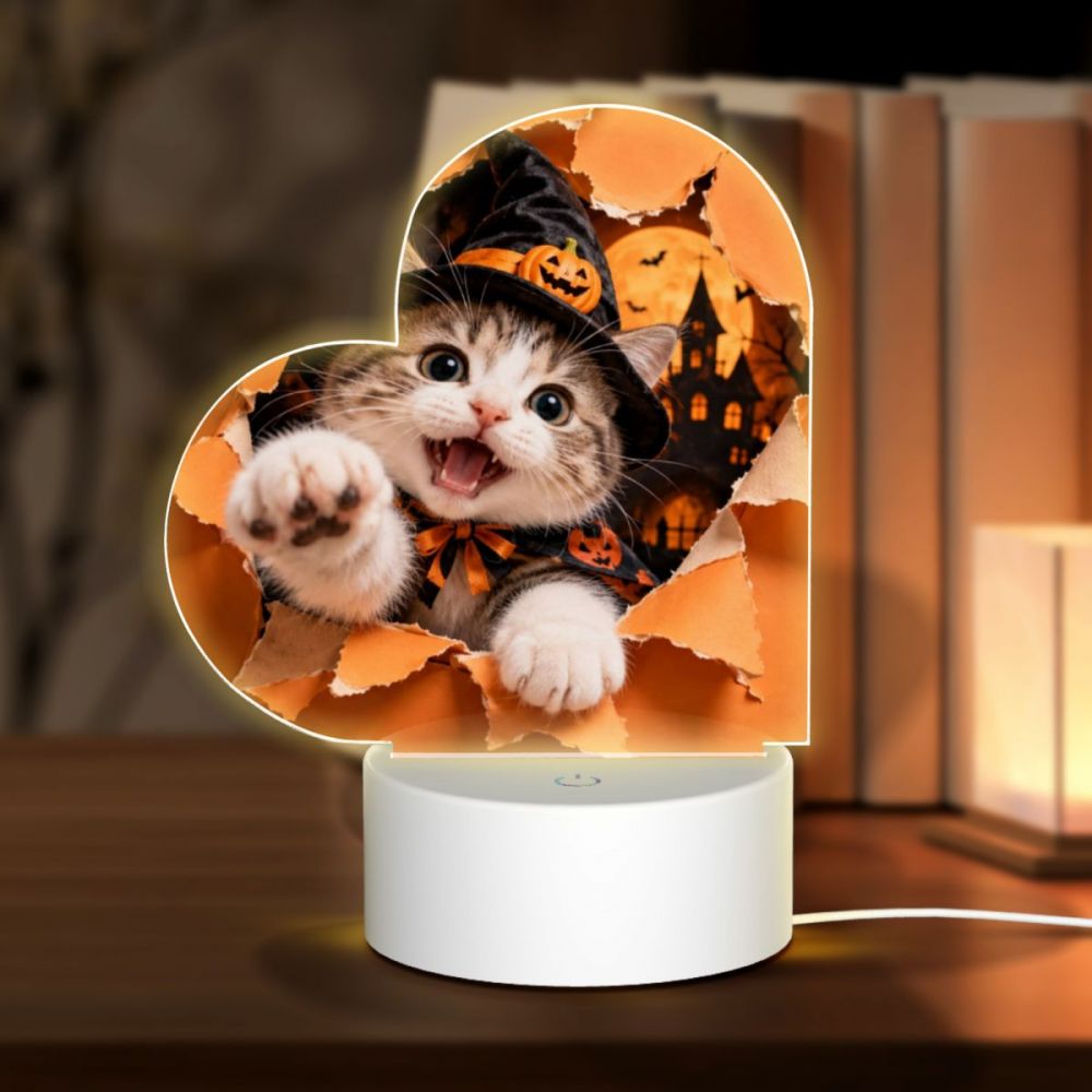 Thanksgiving Feline Feast Heart Acrylic Night Light